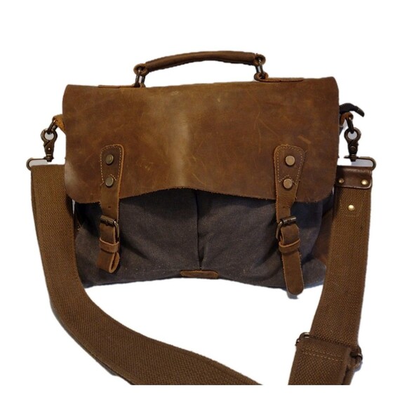 Distressed Genuine Leather & Canvas Handled Crossbody Messenger Bag Gray & Brown - Picture 1 of 16